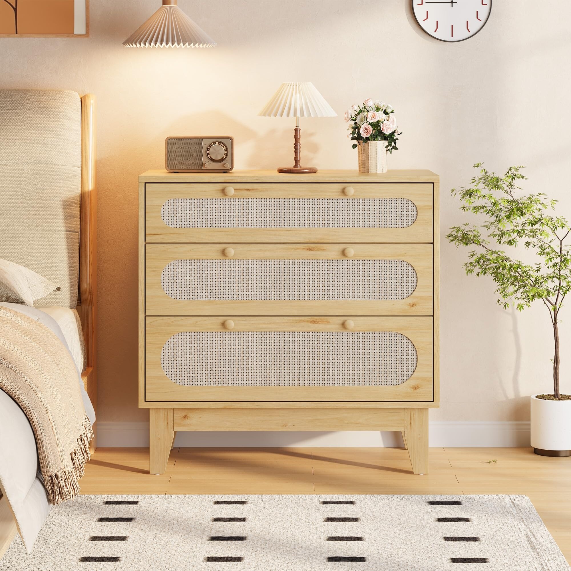 3 Drawer Wood Dresser with Rattan Accents, Modern Storage Chest with Wooden Legs for Bedroom