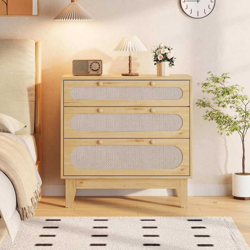 3 Drawer Wood Dresser with Rattan Accents, Modern Wood Storage Chest - Natural