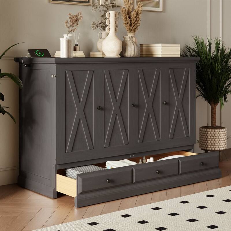 Solid Pine Murphy Bed Chest Cube Cabinet Bed with Charging Station and Large Storage Drawer, Full/Queen Size Murphy Bed Cabinet