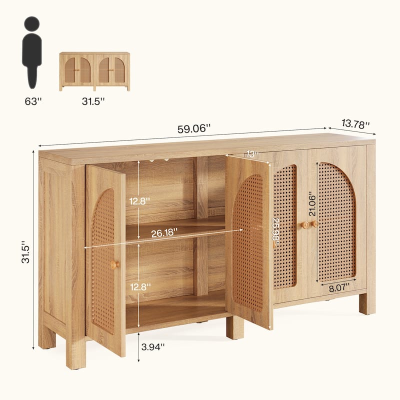 Rattan Credenza Kitchen Storage Buffet Cabinet with 4 Doors