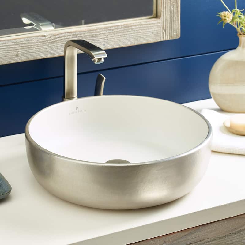 Bliss Fireclay Vessel Bathroom Sink - 16" x 16" x 4.5" - Silver/White