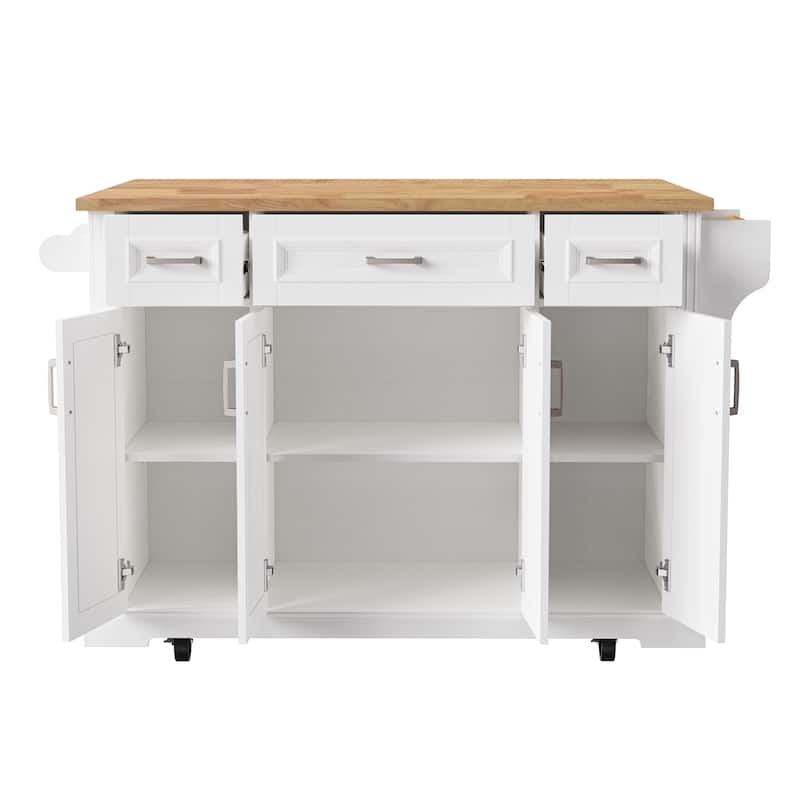 54" Large Rolling Kitchen Island with Rubber Wood Drop Leaf - Embossed Texture Storage Cart with 4 Doors & 3 Drawers for Kitchen