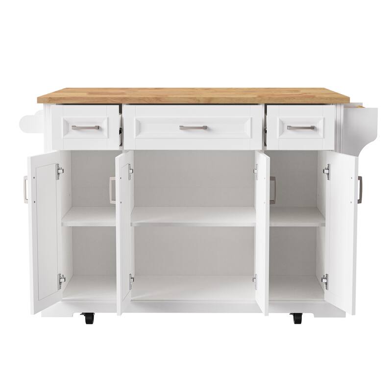 54'' Large Kitchen Island with Rubber Wood Drop Leaf, Embossed Texture Rolling Kitchen Cart on 4 Wheels with 4 Doors & 3 Drawers