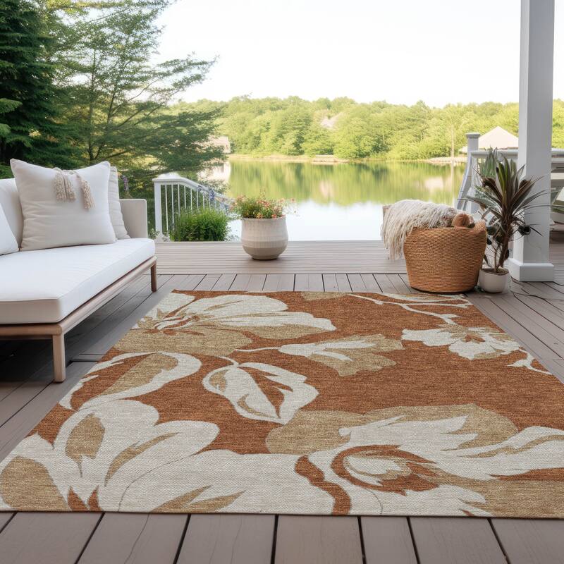 Machine Washable Indoor/ Outdoor Chantille Floral Contemporary Rug - Terracotta - 10' x 14'