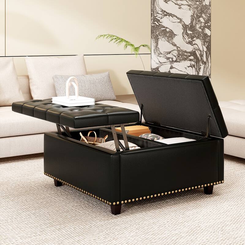 Black PU Leather Square Chair with Storage, Mid-Century Modern Coffee Table - Black - Oversized