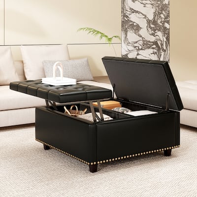 Mid-century Modern Coffee Table,Storage Stool with 2 Storage Doors