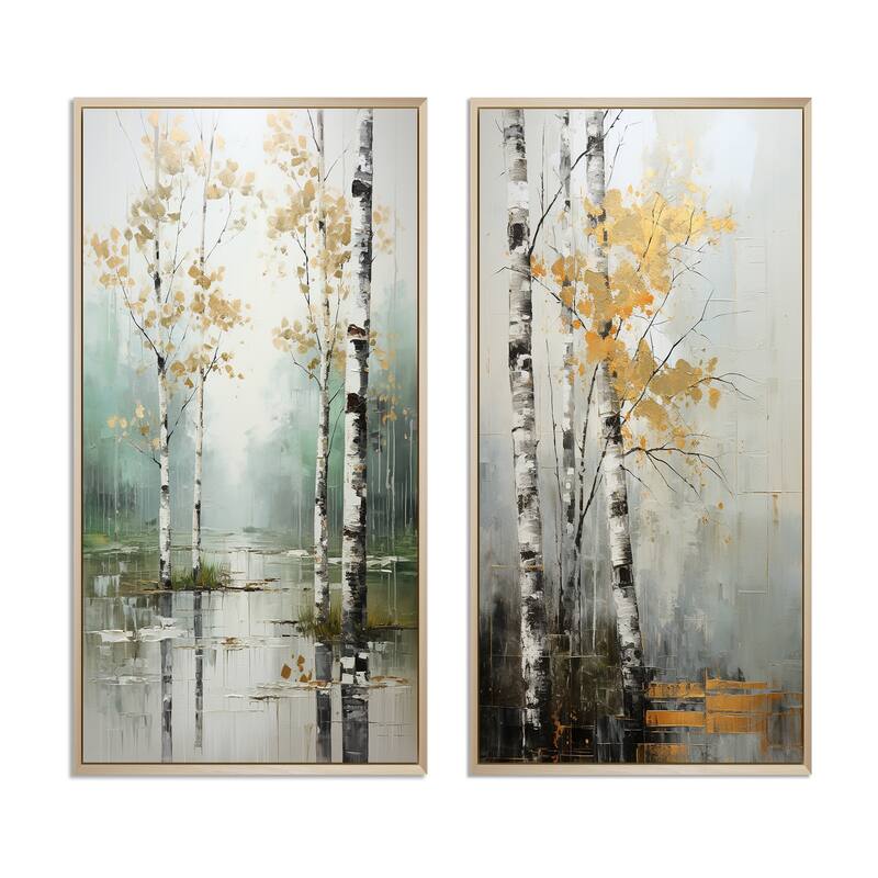 Designart "Birch Woods Ethereal Elegance" Tree Birch Framed Wall Art Set Of 2 - Blue Wall Art Set Of 2