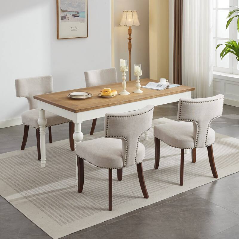 Modern Dining Chairs Set of 2, Linen Fabric Upholstered Accent Chair Curved Backrest with Copper Nails Around