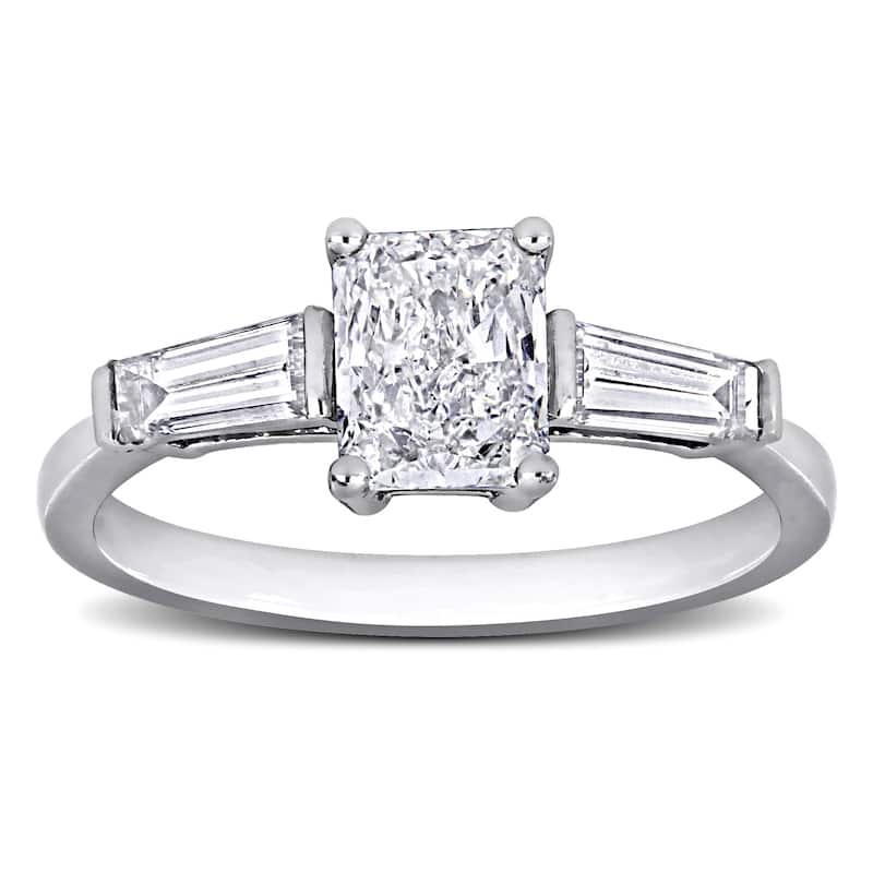 Miadora 1 1/2ct TDW Radiant and Taper Diamond Three Stone Engagement Ring in 14k White Gold