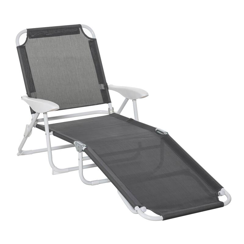 Outdoor Folding Chaise Lounge, 4-Position Reclining Back, Armrests, Metal Frame and Mesh Fabric for Beach, Yard, Patio