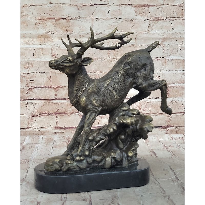Running Deer Elk Buck Stag Caribou Reindeer Bronze Metal Sculpture Statue 11 Inches X 10 Inches