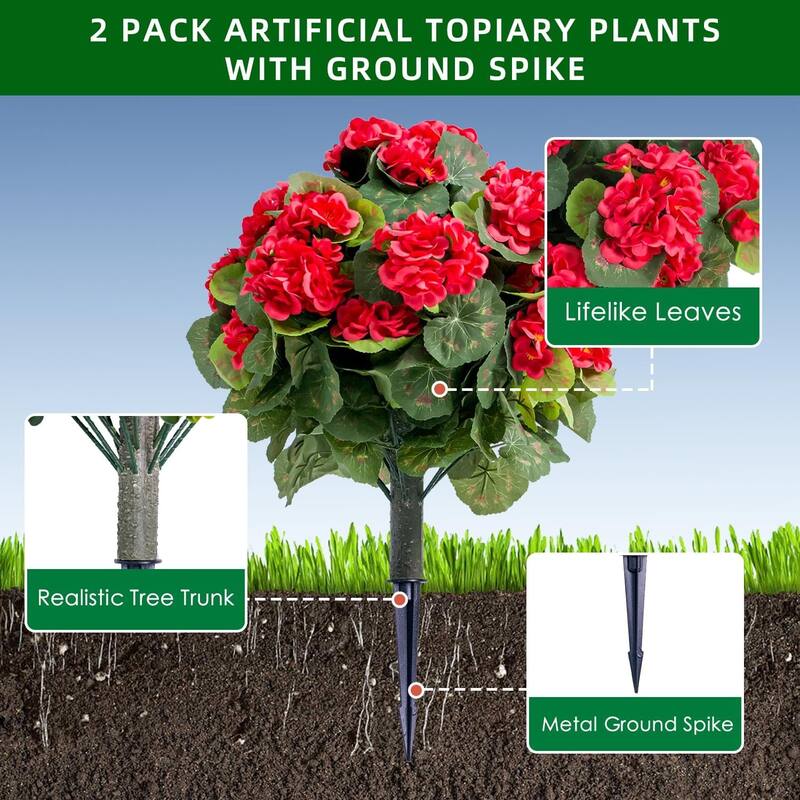 21.6" Artificial Topiary Flower with Ground Spike Set of 2,Artificial Topiary Ball Trees with Silk Flowers