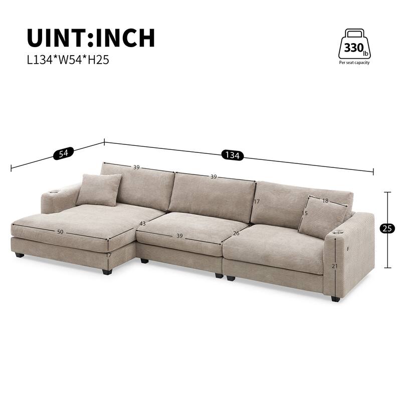 Spacious 4-Seater Corduroy Cloud Couch with Chaise, USB Charging Ports, and Cup Holders