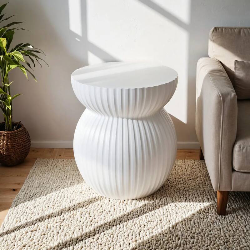 Mander Fiberstone Side Table - Ribbed Hourglass End Accent Table for Indoor or Outdoor Use