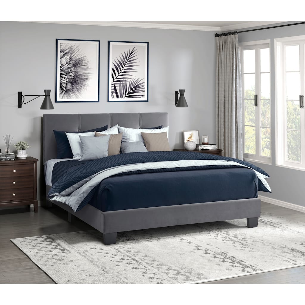 Dark Gray Velvet Upholstered Full Platform Bed with Adjustable Height Headboard