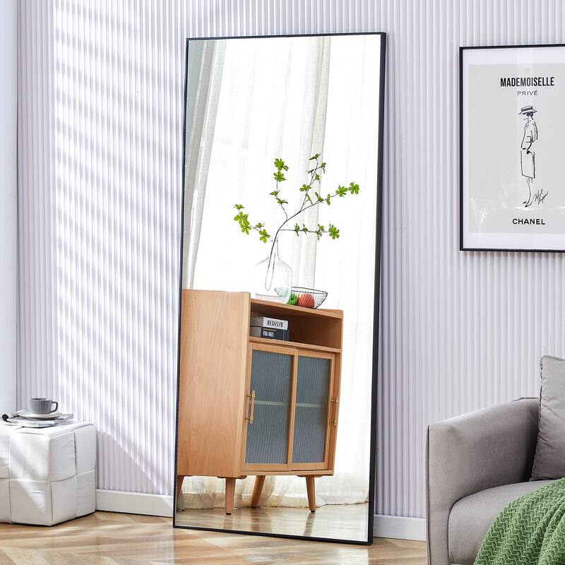 Roomfitters Full-Length Mirror with Black Solid Wood Frame, 71"x31.4" Floor Standing or Wall-Mounted Dressing Mirror