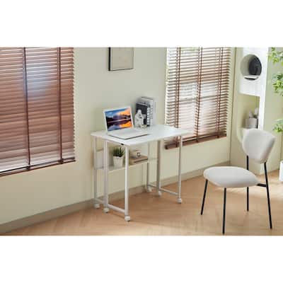 Modern Folding Computer Desk with Compact One Piece Segmented Desktop and 6 Moving Wheel for Small Apartments or Dorm Rooms