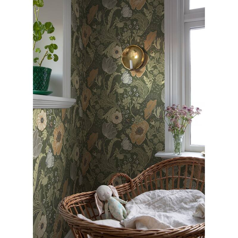 A-Street Prints Anemone Green Floral Wallpaper