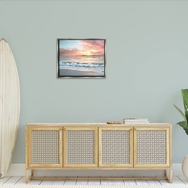Stupell Morning Sunrise Beach Landscape Distant Mountains Rolling Tide Floater Frame - Orange