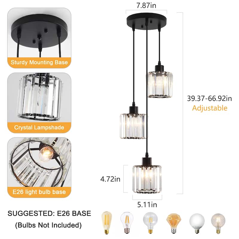 Modern 3-Light Crystal Chandelier, Kitchen Island Pendant Lights, Classic Semi Flush Mount Chandelier for Dining Room