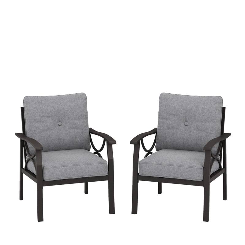 Set of 2 Metal Armchairs, Khaki Frame with Gray Cushions