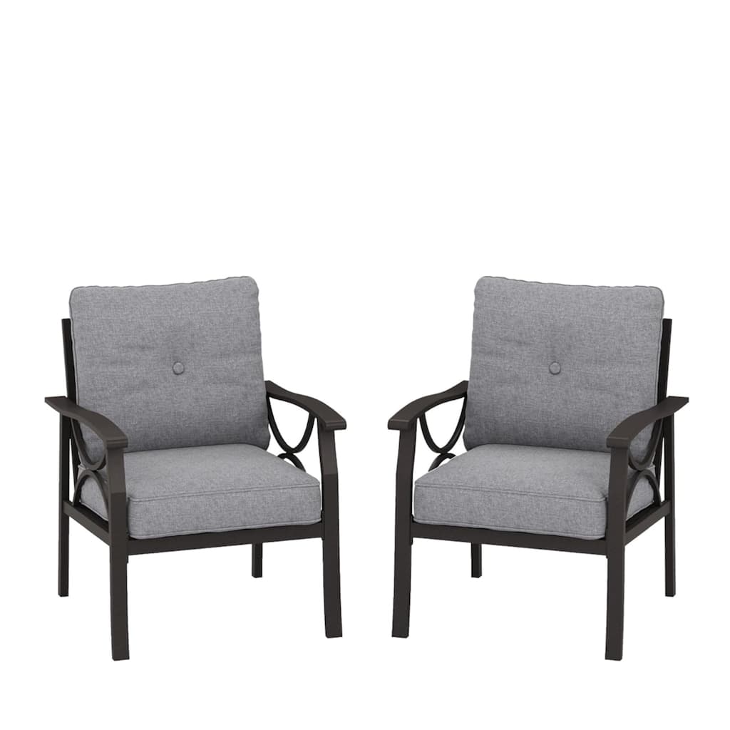 Set of 2 Metal Armchairs, Khaki Frame with Gray Cushions