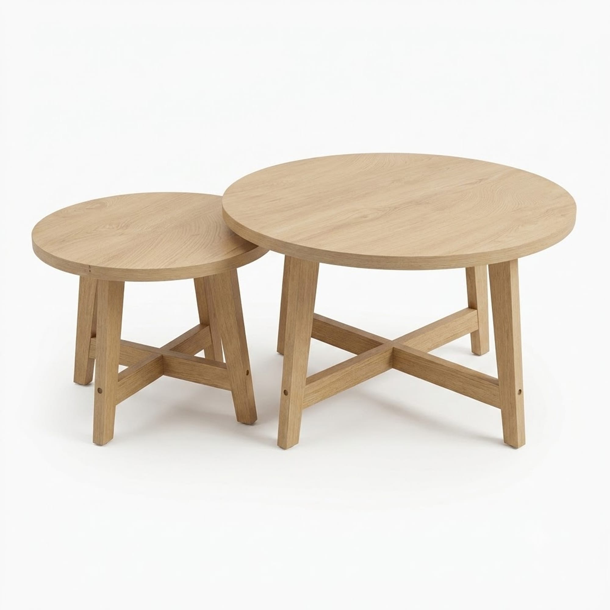 Set of 2 Round Nesting Coffee Tables Natural Wood Finish Modern Side Tables - N/A