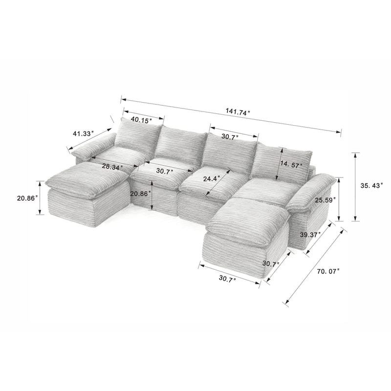 141.74" Modern Comfy Sectional Corduroy Sofa with Two Ottomans