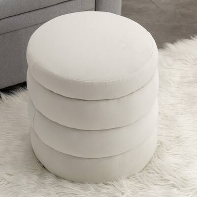 Soft Velvet Round Ottoman Footrest Stool for Living Room,Ivory