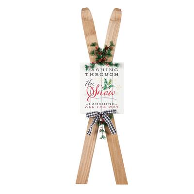 44.5"H Wooden Ski with Artificial Holiday Porch Decor