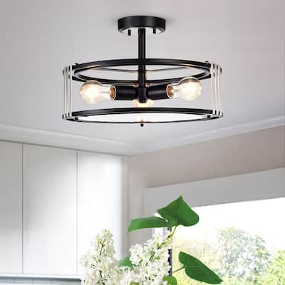 3-Light Black and Brushed Nickel Round Semi Flush Mount with Verre Strie glass - Black and brushed nickel