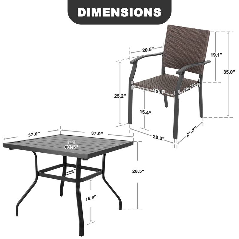 5PCS Outdoor Dining Set, 4 Wicker Chairs and Iron Table with Umbrella Hole, Black
