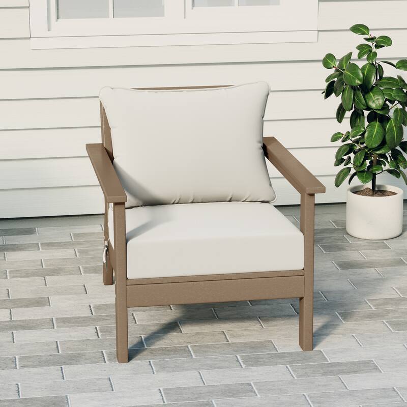 Birchwood All Weather HDPE Outdoor Patio Deep Seating Weathered Wood Club Chair With Cushions (1-Piece)