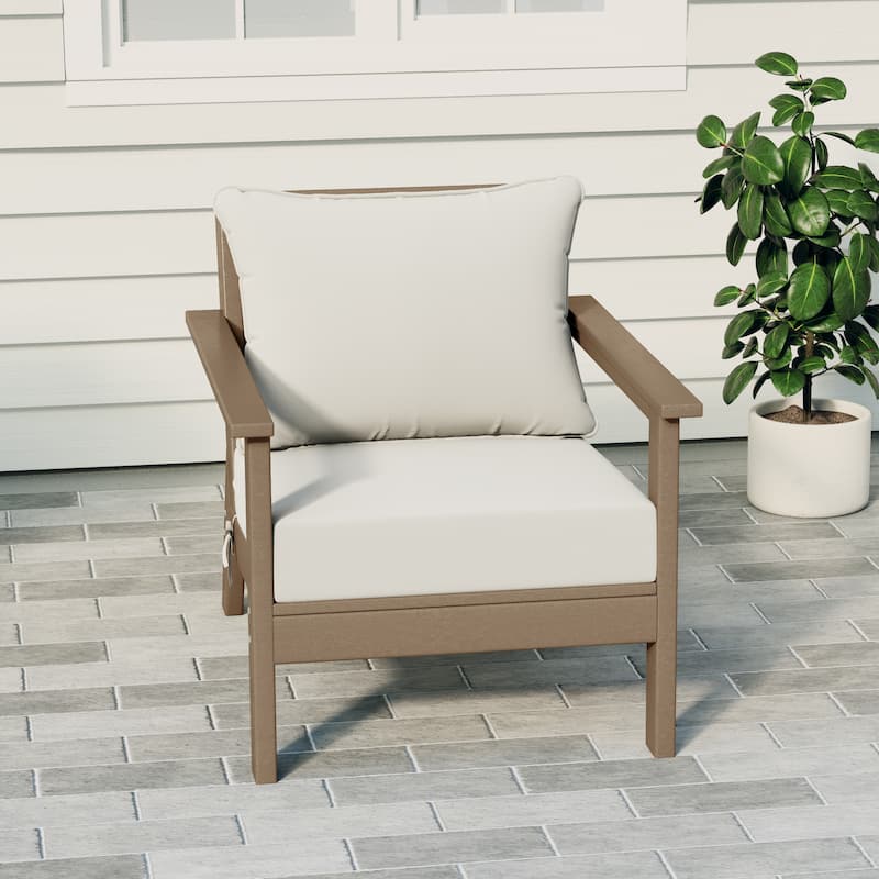 Birchwood All Weather HDPE Outdoor Patio Deep Seating Weathered Wood Club Chair With Cushions (1-Piece)