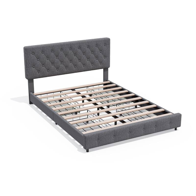 Linen Upholstered Headboard Bed Frame with Large Hidden Storage, 4 Underbed Drawers with Pulleys - Charcoal - Queen