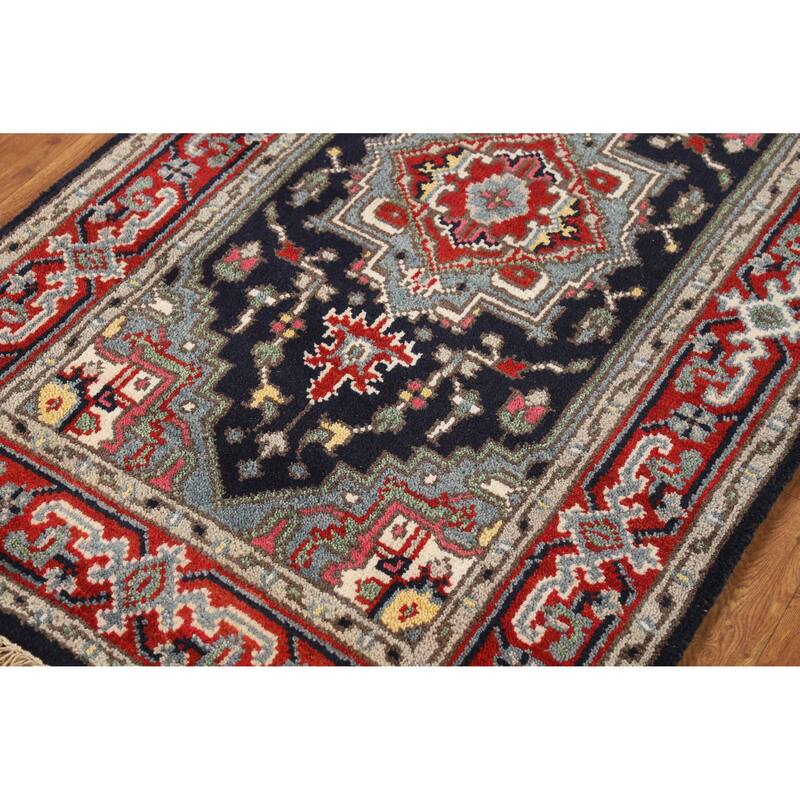 Hand Knotted Oriental 100% Wool Carpet Traditional Medallion Navy Blue & Blues Heriz (serapi) Area Rug - 4' 11'' X 3' 0''