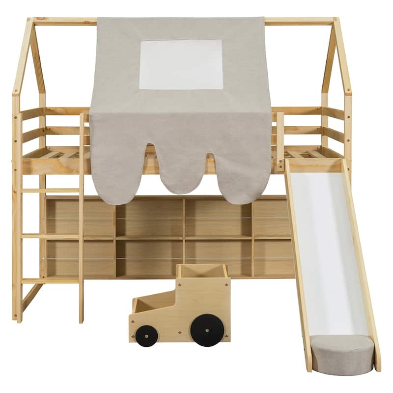 House-shaped Twin Loft Bed with Tent, Slide, and Storage in Natural+Beige
