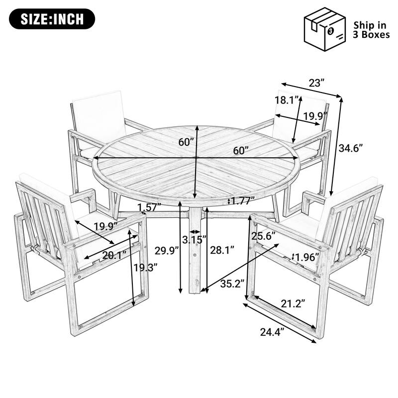 5-Piece Patio Dining Set Acacia Wood Outdoor Dining Set with Four Armchairs and a Table for Garden, Balcony, Backyard
