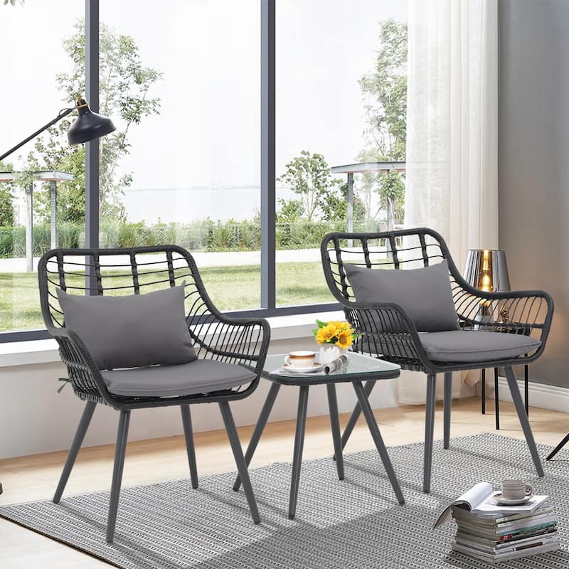 3-Piece Cushioned Bistro Set Patio Wicker Chair and Side Table