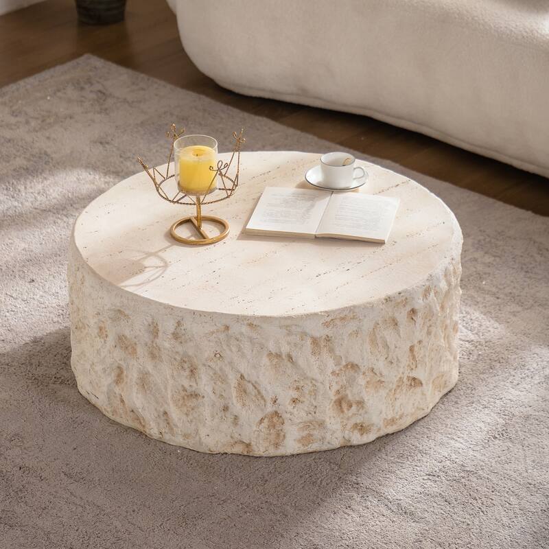 MgO Mid-Century Round Centre Coffee Table Vintage Faux Stone Sofa Pre-Modern Coffee Tables Beige Coffee Table