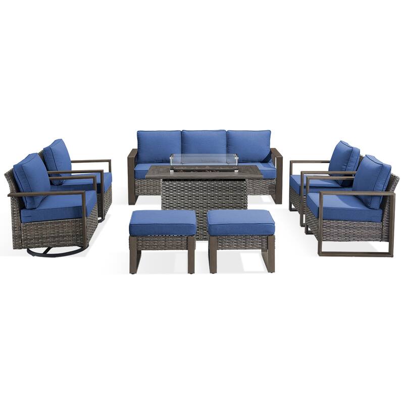 Meyreso Wicker Outdoor Patio Fire Pit Set with Swivel Gliders and Olefin Cushions