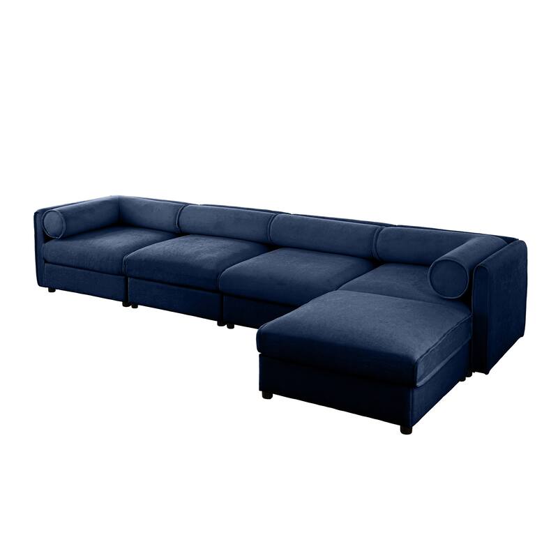 142.5" Chenille L-Shaped Sectional Sofa with Storage & Round Back