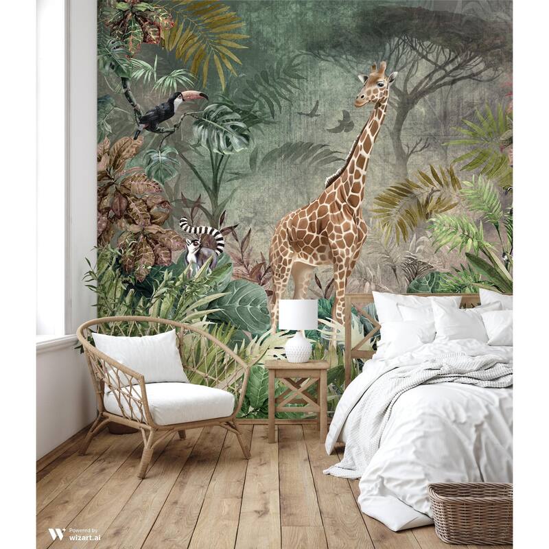 Enchanting Safari Wallpaper Mural Giraffe and Lemurs