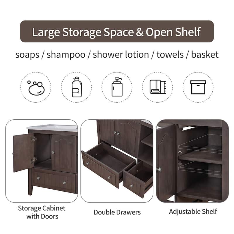 36" Bathroom Vanity with Ceramic Basin - Storage Cabinet with Drawers