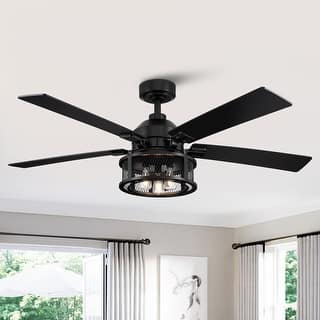 52" Industrial Reversible Wood 5-Blade Black Ceiling Fan with Light Kit and Remote