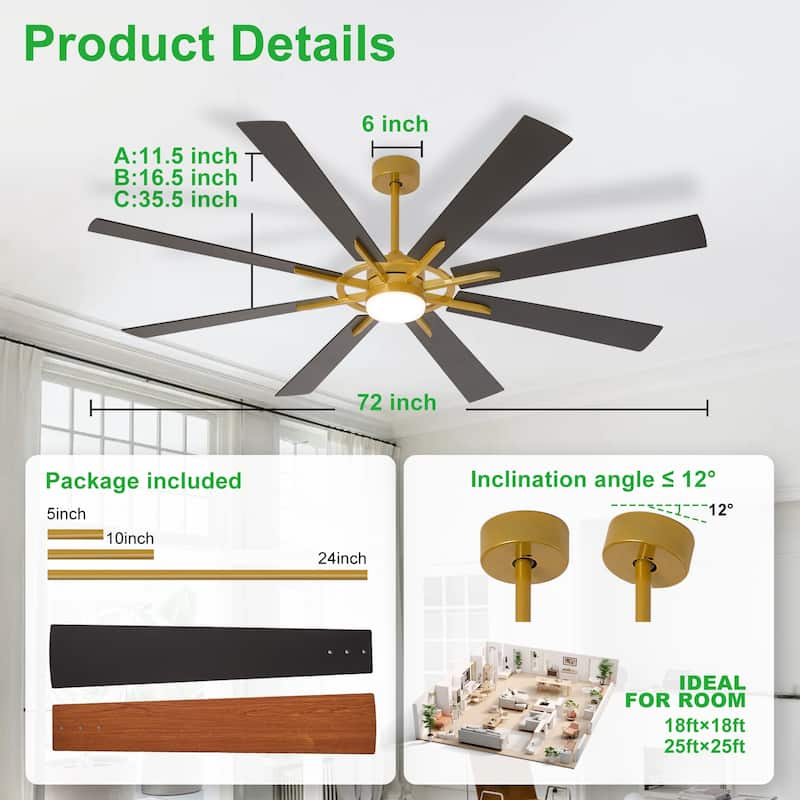 Modern 72 Inch 8 Blade Outdoor large Ceiling Fans with Lights: Dimmable Indoor Reversible 6 Speed Quiet DC Motor