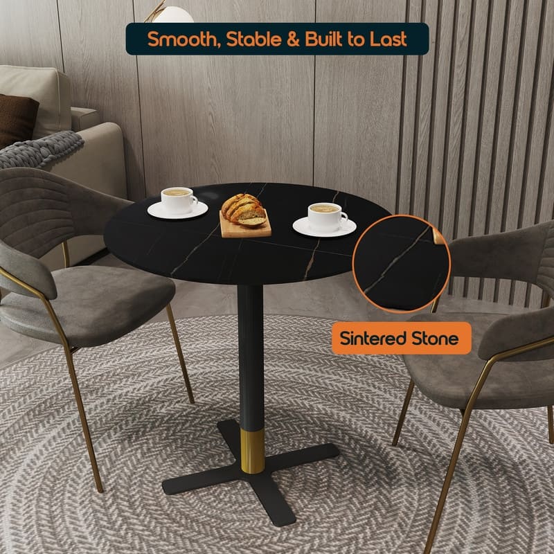 Vail Round Dining Table 27 in. Sintered Stone Tabletop in Black Stainless Steel Cross X-Shape Pedestal Base