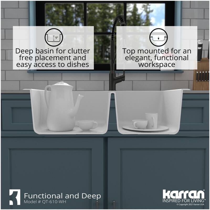 Karran USA QT-610-PK1 Quartz QT 33" Drop In Double Basin Quartz
