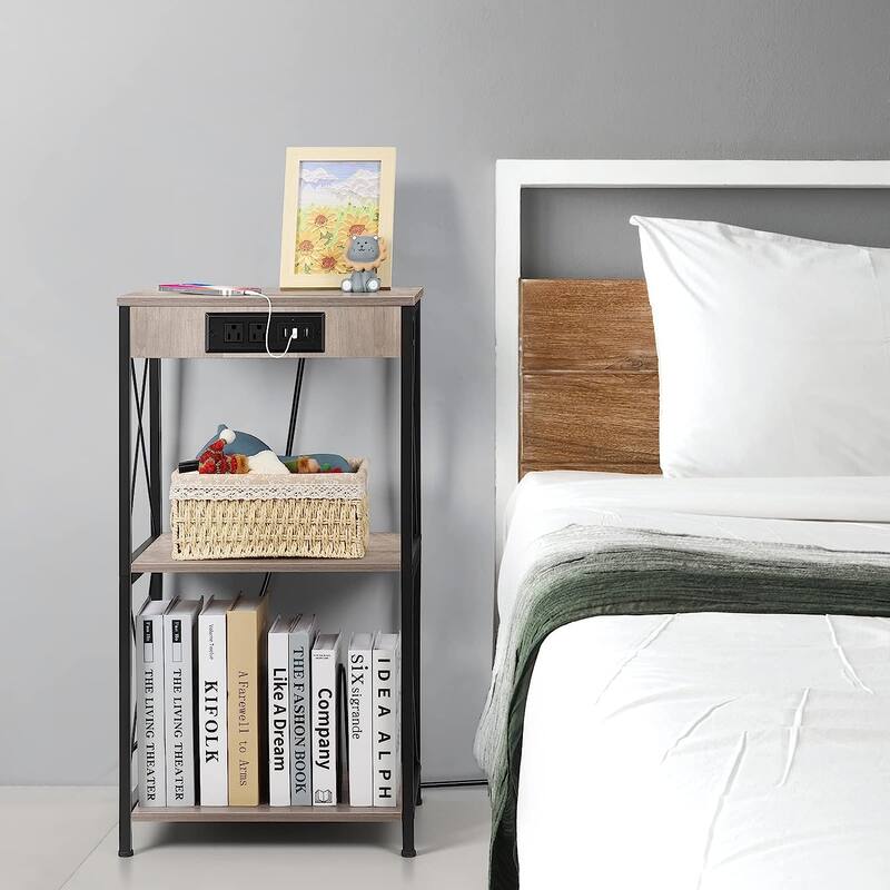 3-Tier Vinyl Record Storage Shelf Turntable Stand with Charging Station