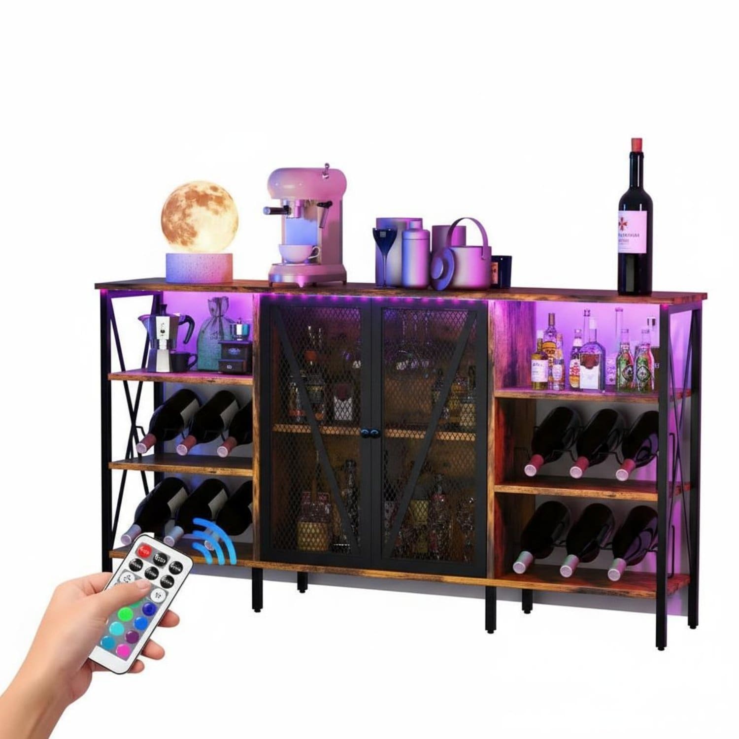 Garvee Wine Bar Cabinet 55.12 x 13.78 x 30.31", Wine Rack & Glass Holder, USB LED Light